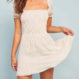 Reformation Cream Square-Neck Polka Dot Mini Dress